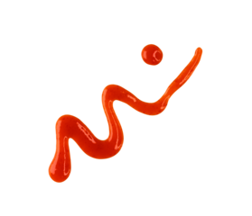 Line and drops of red hot chilli sauce isolated on white, top view, clipping path, PNG.