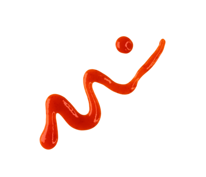 Line and drops of red hot chilli sauce isolated on white, top view, clipping path, PNG.