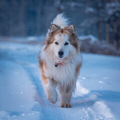A dog runs through the white snow