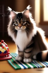 A Maine Coon cat playing with toys