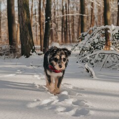 A dog runs through the white snow