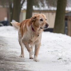A Labrador runs through the white snow