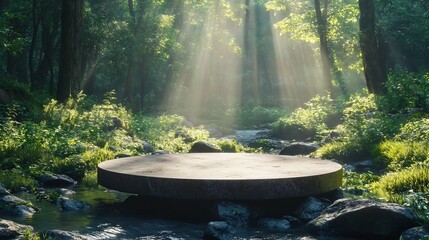 Illuminated Round Podium Amidst Lush Jungle Stream with Soft Light Filtering Through Foliage