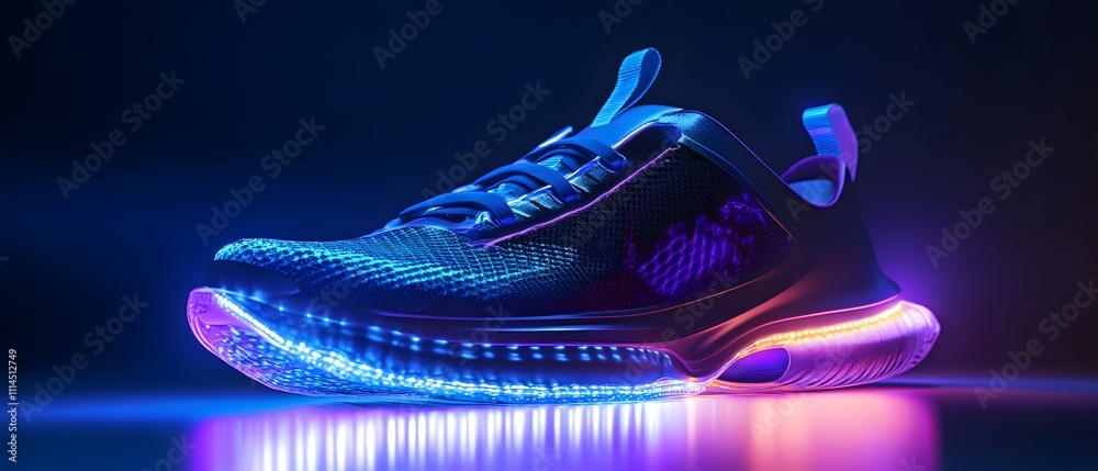Poster Futuristic Lightweight Running Shoe with Colorful LED Lights Displayed in a Dark Setting, Showcasing Modern Design and Cutting-Edge Technology for Athletic Performance