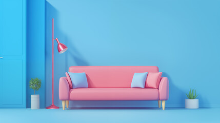 Interior with pink sofa, lamp and potted plant. Living room interior 3d.