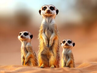 A family of meerkats standing vigilantly alert in a sandy desert landscape their bodies poised with cautious curiosity as they scan the horizon