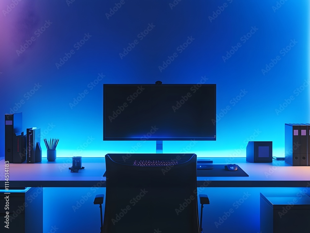 Poster Modern Home Office Setup with Ambient Lighting and Minimalist Design Features for a Productive Workspace Experience