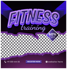 Bold Fitness Training Social Media Banner with Blue and Purple Colors, 60% Gym Discount, Editable Text Effect for Promotions