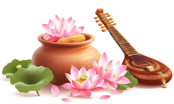 A traditional clay pot filled with sweet food, lotus flowers