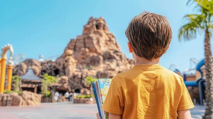 Fototapeta premium Family consulting a travel guide in front of a theme park map, colorful and vibrant atmosphere