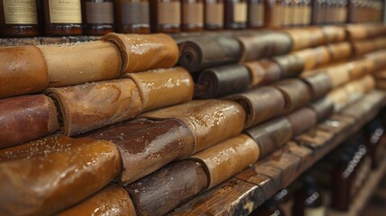 Fototapeta premium Stacked Leather Rolls Tan Brown Craftsmanship Texture