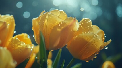Yellow Tulips with Dew Drops in Soft Light