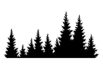 Fir trees silhouette. Coniferous spruce horizontal background pattern, black evergreen woods vector illustration. Beautiful hand drawn panorama of coniferous forest