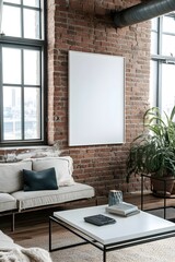 Fototapeta premium A loft-style living room with exposed brick walls, industrial furniture, and a large area rug in bold patterns.