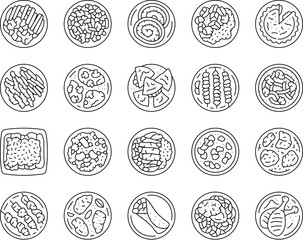 chicken dishes roast grilled icons set vector. fried baked, barbecue teriyaki, curry, casserole parmesan, piccata marsala, tandoori chicken dishes roast grilled black contour illustrations