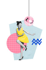 Vertical poster collage young woman party disco entertainment rejoice discoball sphere cheerful...