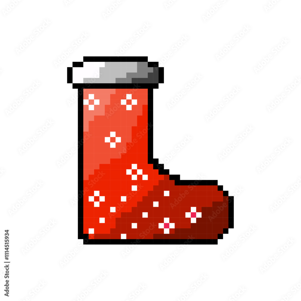 Poster Christmas sock in pixel style vector illustration isolated on transparent background.	Classic xmas stocking New Year element in 16-bit retro video game style. 