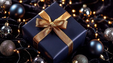 Luxurious Photograph of a Small Navy Blue Gift Box with a Golden Ribbon Bow Nestled Among Shimmering Fairy Lights and Metallic Christmas Ornaments on a Dark Velvet Background