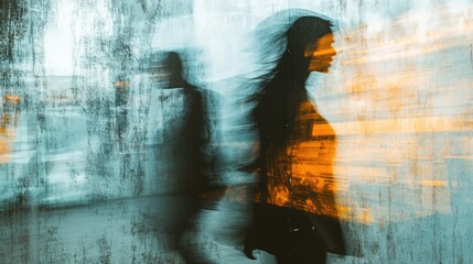 Figures blend into a vibrant urban landscape highlighted by textures and swift motion evoking energy and the essence of city life