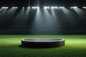 An empty, circular podium stands on the grass of an open football stadium, with spotlights shining down from above for product display