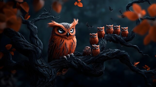 A parliament of watchful majestic owls perched amidst the twisted limbs and shadowy foliage of a towering ebony tree in a dark gloomy forest with piercing eyes and soft mottled feathers