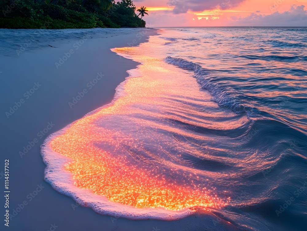 Poster captivating beach sunset with glowing waves reflected on serene shoreline, creating a dreamlike atmo