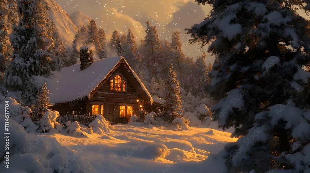 Poster cozy winter cabin illuminated at dusk, surrounded by snow-covered trees, creating a serene and magic