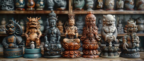 Fototapeta premium Exquisite Asian Statues Feng Shui Figurines Gods Dragons and Demons