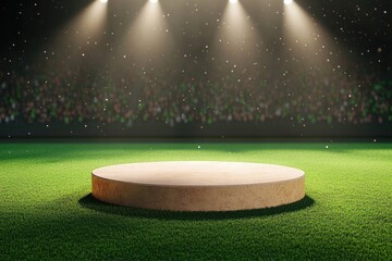 An empty, circular podium stands on the grass of an open football stadium, with spotlights shining down from above for product display