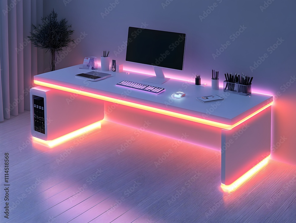 Aufkleber Sleek Modern Home Office Desk with LED Accent Lighting Featuring Computer Monitor, Keyboard, Mouse, and Minimalist Accessories in a Calming Setting