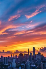 Dramatic Sunset Over New York City Skyline with Vibrant Colors and Clouds