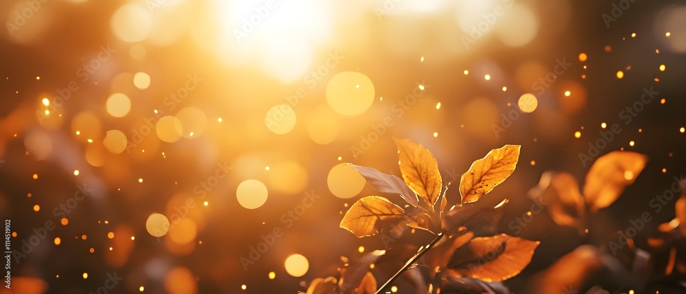 Poster Captivating Golden Autumn Leaves with Soft Sparkling Bokeh Background Illuminated by Warm Sunlight in a Serene Nature Setting