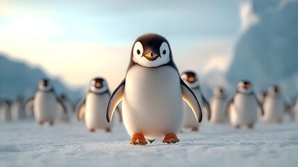 Obraz premium A captivating colony of curious fluffy black and white penguins gracefully navigating a pristine snow white icy expanse in a Antarctic landscape with an impressionist romantic aesthetic