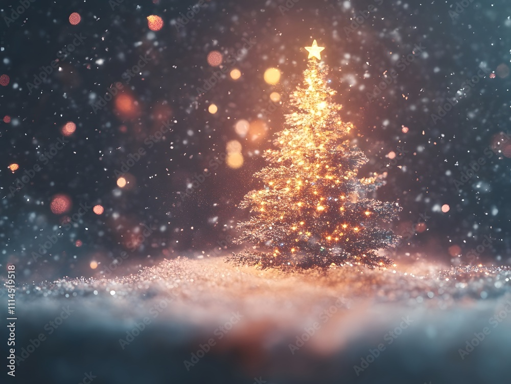 Poster enchanting christmas tree illuminated with warm lights, surrounded by gentle snowfall and sparkling 