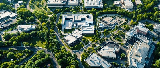 Aerial View of Modern Urban Campus Surrounded by Lush Greenery