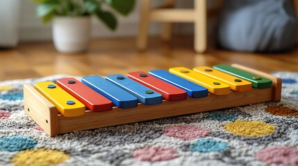 Fototapeta premium Vibrant Wooden Xylophone Set on a Cozy Playroom Rug Showcasing Natural Wood Textures and Uplifting Childlike Joy Educational and Decorative Home Accent