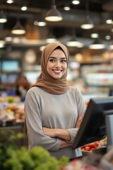 Smiling Woman in Hijab at Grocery Store Checkout Displaying Fresh Produce