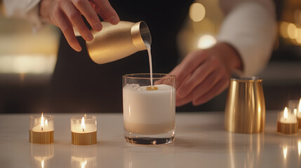 Elegant bartender skillfully pouring creamy cocktail into glass with decorative candle lights softly glowing in luxurious setting