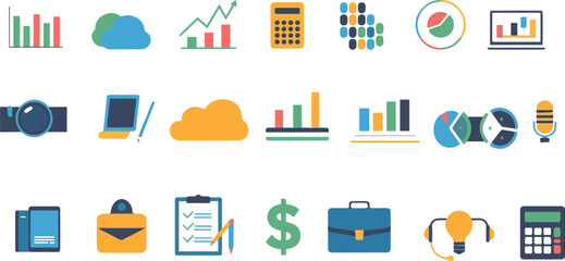 Obraz premium A collection of various graphic business icons depicting finance, data analysis