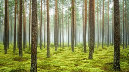 Obraz premium A misty pine forest where the entire ground is covered with a thick layer of green moss, background wallpaper AI generated image