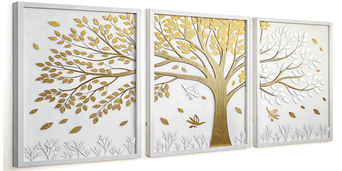 Three panel room divider features a gold leaf tree design on a black background, with white detailing and falling leaves. Elegant, modern, and artistic.