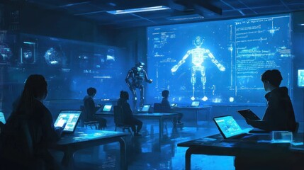 Futuristic classroom with robot teacher and students using laptops, learning about anatomy on a large screen.