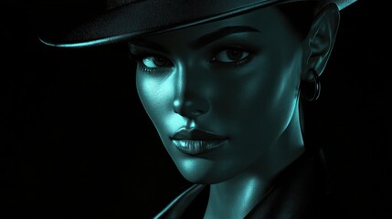 Close up of Beautiful woman in secret agent style on black background. AI generated image