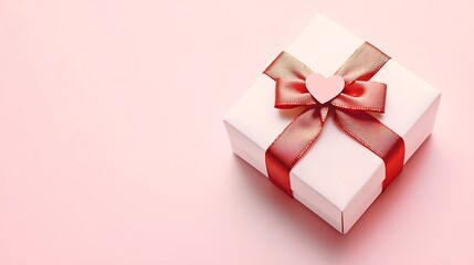 Obraz premium A minimalistic and elegant photograph showcasing a small white gift box tied with a simple red ribbon bow decorated with a tiny heart tag