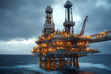 Oil rig under cloudy sky at twilight near coastline