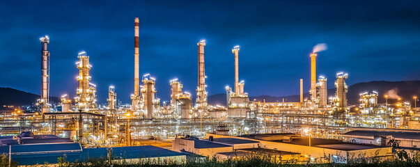 Obraz premium Industrial facility illuminated at dusk with smoke rising