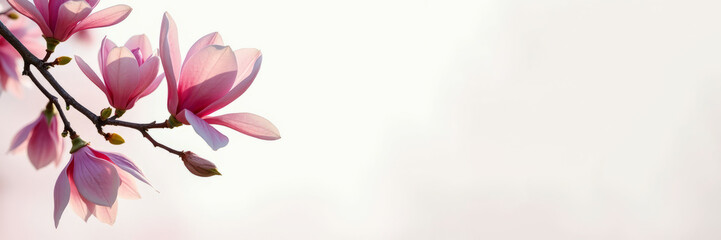 Obraz premium Pink magnolia flowers on branch with white textured background.