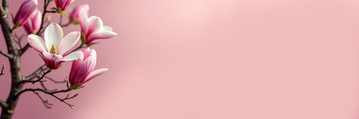 Fototapeta premium Magnolia flower on a branch with soft pink background for nature concept.