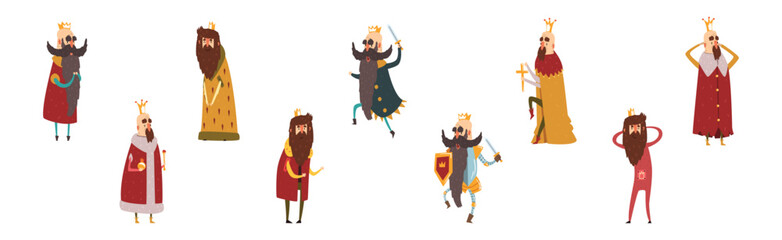 Funny Bearded King Character Emperor in Golden Crown Vector Set