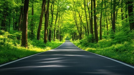 Obraz premium The smooth asphalt road winds through a dense forest of tall green trees background wallpaper AI generated image